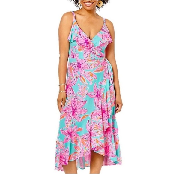 Lilly Pulitzer Fontaine Wrap Dress. Surf Blue Bonita Blooms Size Medium - Picture 1 of 9